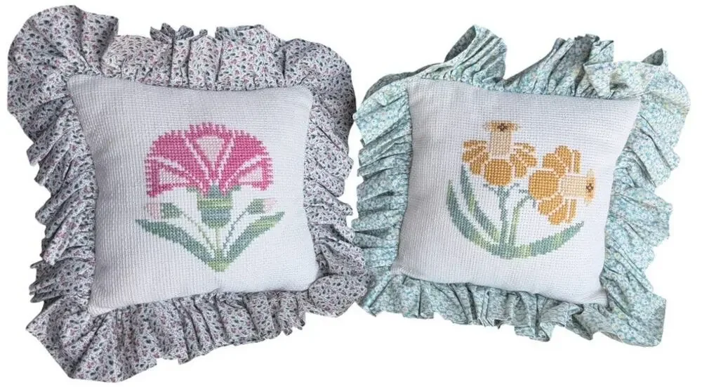 Charming Handmade Needlepoint Flowers Accent Pillows Ruffled Ditsy Floral Trim